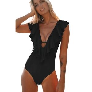 Sporlike One Piece Monokini Womens M Black Ruffle V-Neck 210 NWT
